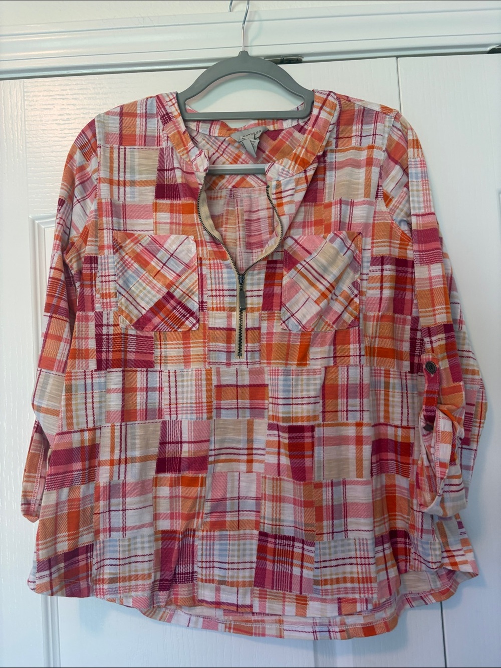 Multiples Pink, Coral & Cream Plaid Tunic size large